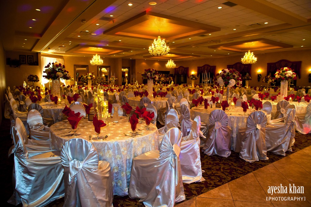 The hall all set up in red and ivory colors for Sana and Shahzeb's wedding reception. Floral and Decor by Sawsan Alwazzan. Photography by Ayesha Khan - The Muslim Bride The hall all set up in red and ivory colors for Sana and Shahzebs wedding reception. The Muslim Bride 1024x682 The Muslim Bride Special Wedding Feature: Sana and Shahzebs Wedding Reception